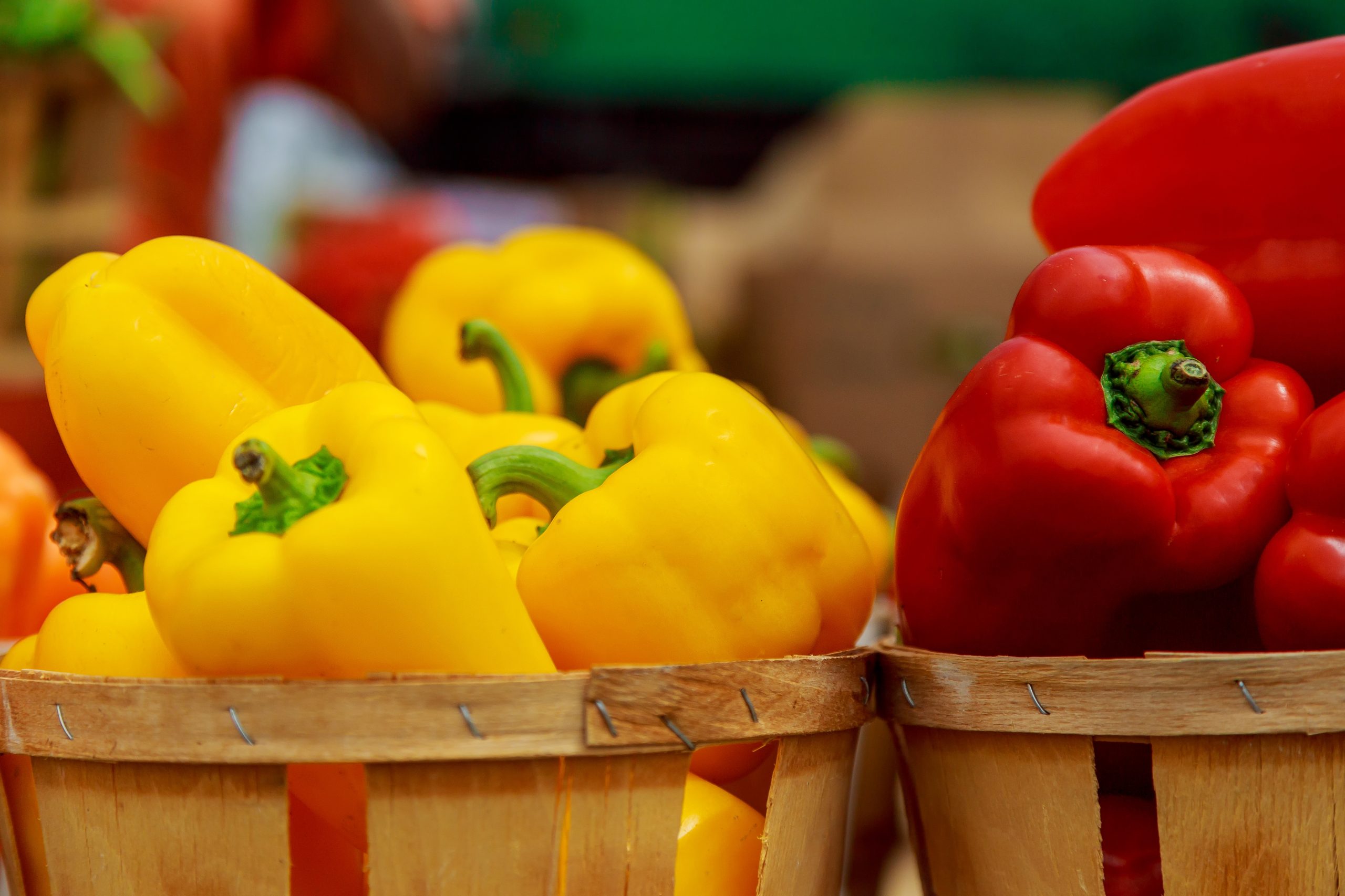 Selection of Boxes with colorful peppers on the market.
